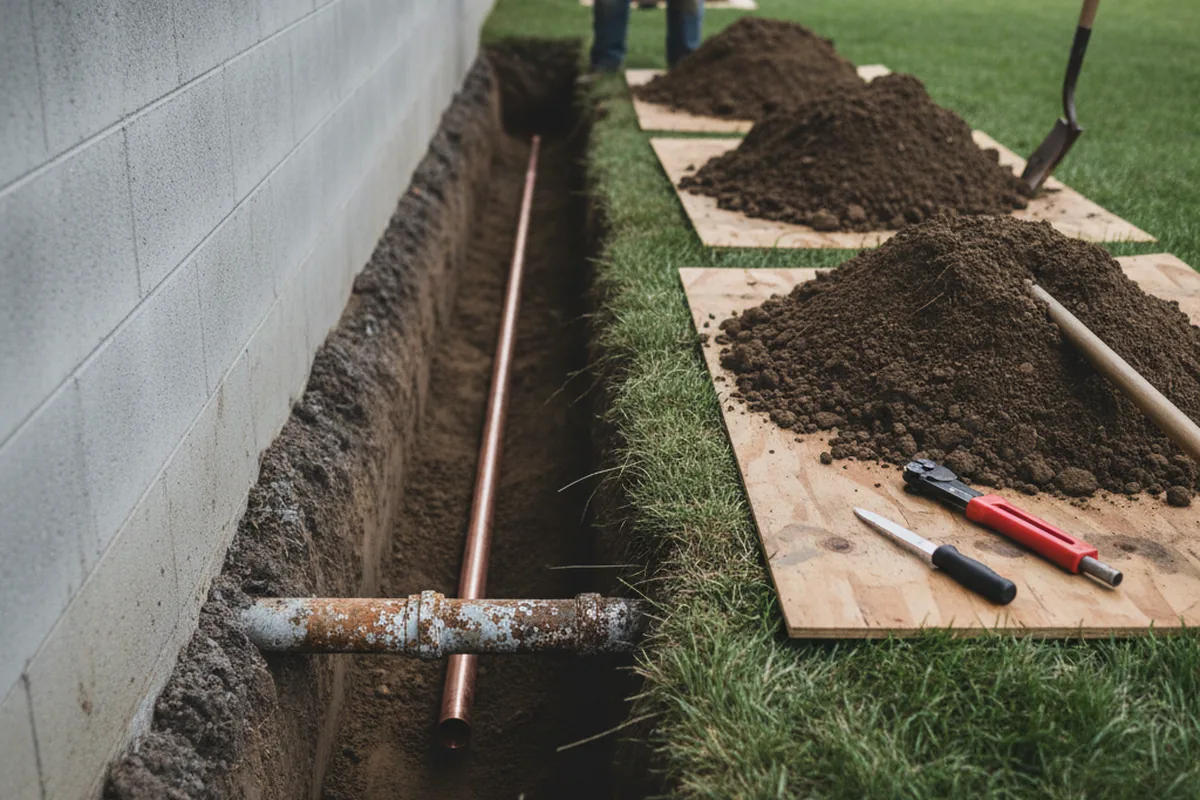 Excavated water line trench during Water Heater Repair in Council Bluffs